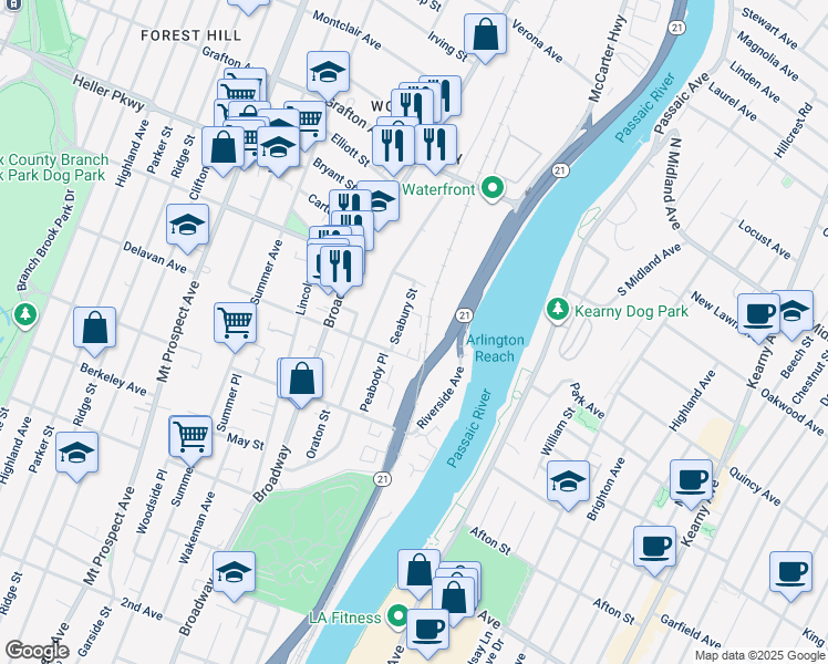 map of restaurants, bars, coffee shops, grocery stores, and more near 16 Seabury Street in Newark