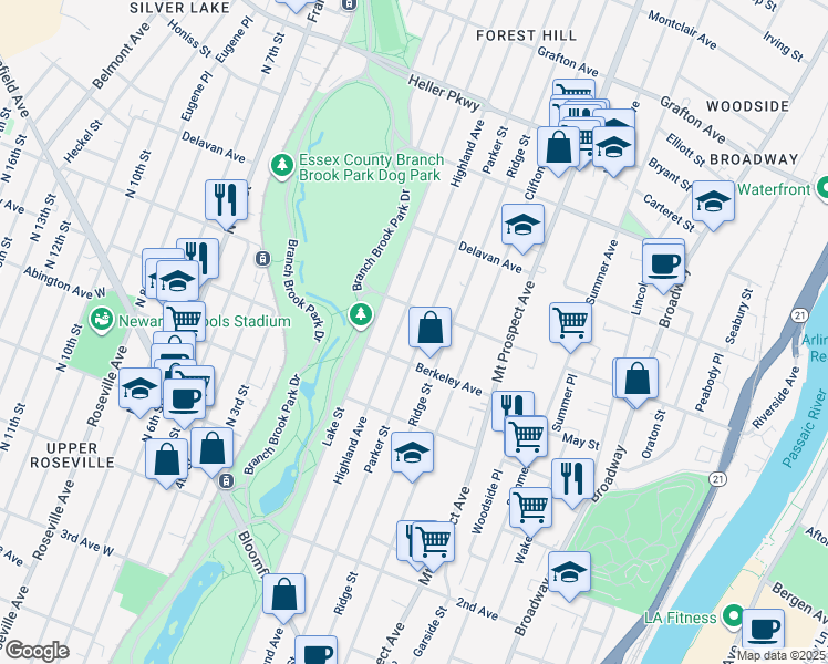 map of restaurants, bars, coffee shops, grocery stores, and more near 484 Parker Street in Newark