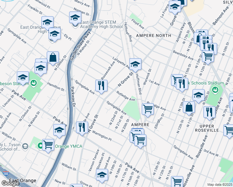 map of restaurants, bars, coffee shops, grocery stores, and more near 174 Rutledge Avenue in East Orange