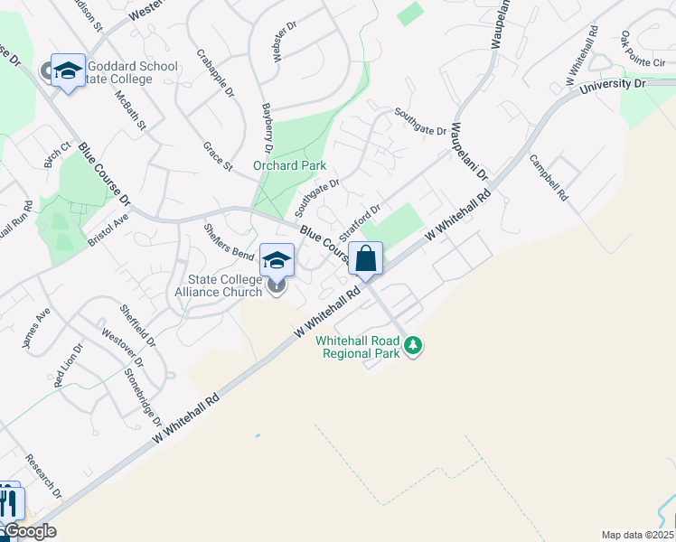 map of restaurants, bars, coffee shops, grocery stores, and more near 1736 Blue Course Drive in State College