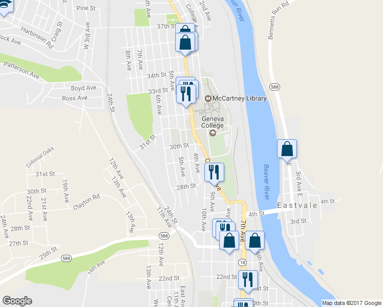 map of restaurants, bars, coffee shops, grocery stores, and more near 2911 4th Ave in Beaver Falls