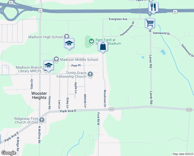 map of restaurants, bars, coffee shops, grocery stores, and more near 561 Woodcrest Drive in Mansfield