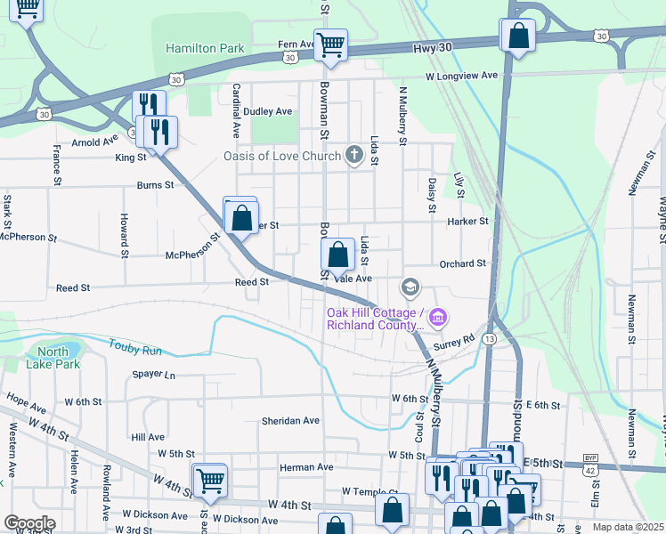 map of restaurants, bars, coffee shops, grocery stores, and more near 410 Bowman Street in Mansfield