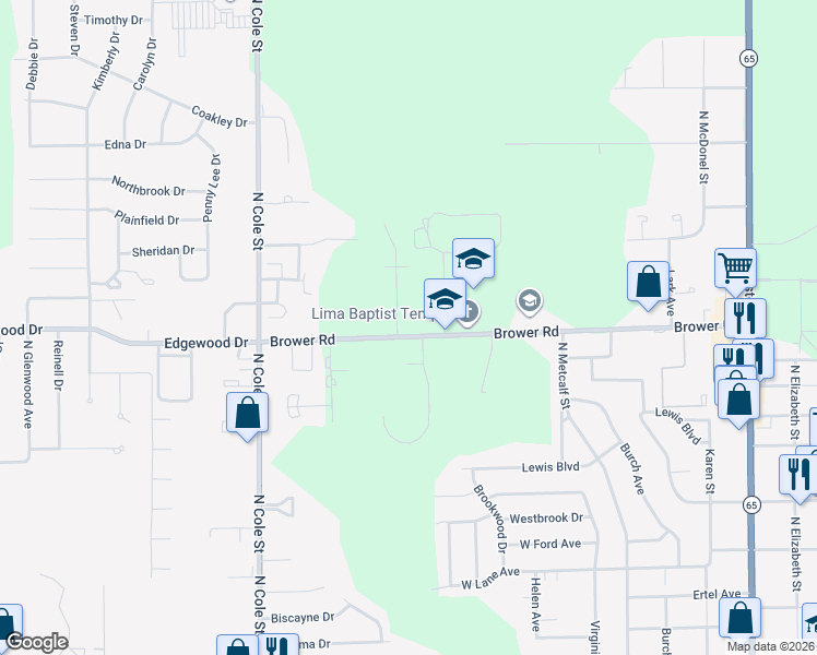map of restaurants, bars, coffee shops, grocery stores, and more near 1000 Brower Road in Lima