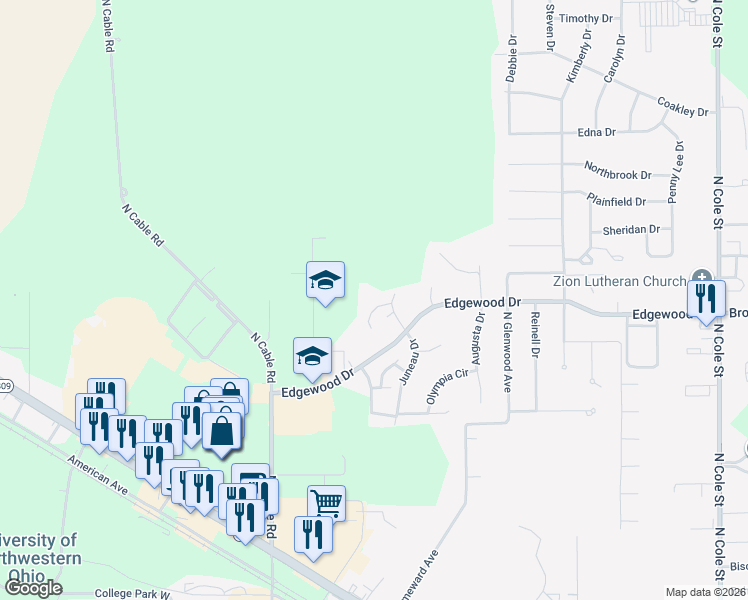map of restaurants, bars, coffee shops, grocery stores, and more near 100 Hartford Court in Lima