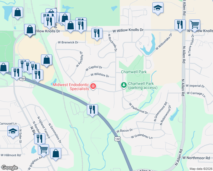 map of restaurants, bars, coffee shops, grocery stores, and more near 3206 West Birkshire Drive in Peoria