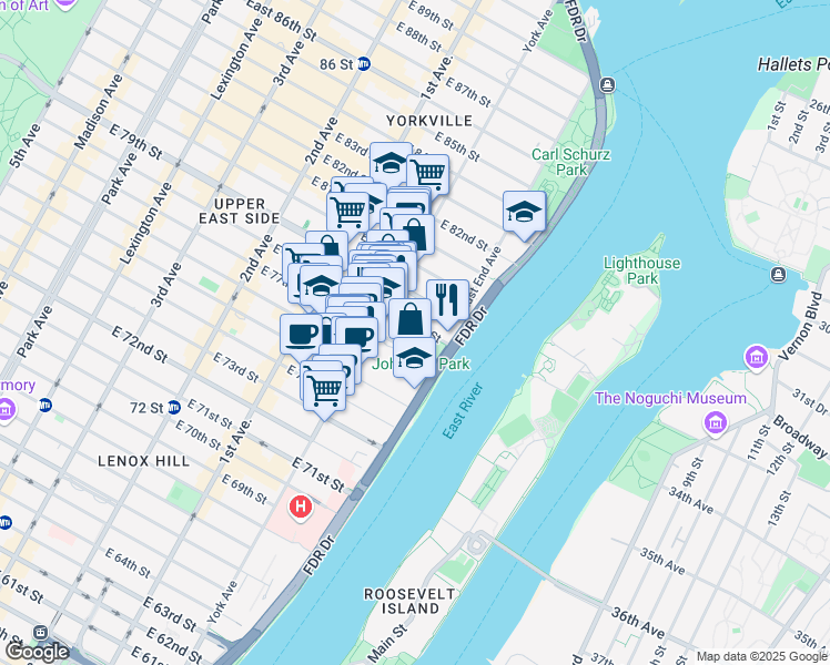 map of restaurants, bars, coffee shops, grocery stores, and more near 520 East 78th Street in New York