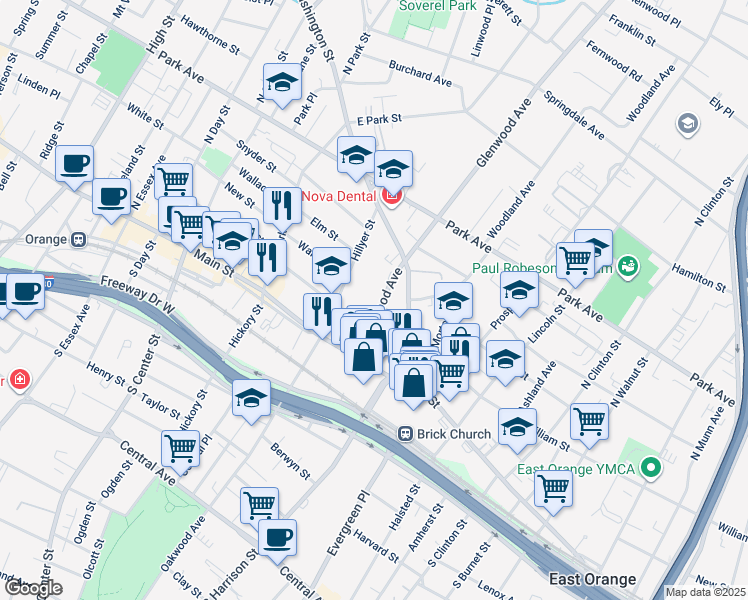 map of restaurants, bars, coffee shops, grocery stores, and more near 7 Glenwood Avenue in City of Orange