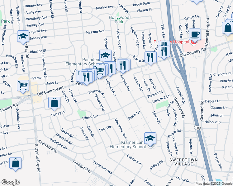 map of restaurants, bars, coffee shops, grocery stores, and more near 68 Belmont Avenue in Plainview