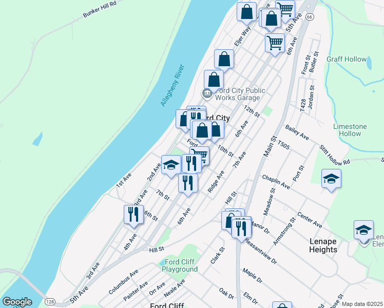 map of restaurants, bars, coffee shops, grocery stores, and more near 405 9th Street in Ford City