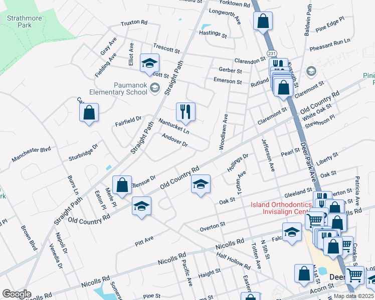map of restaurants, bars, coffee shops, grocery stores, and more near 1 Ellensue Drive in Deer Park