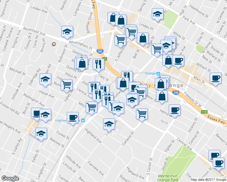 map of restaurants, bars, coffee shops, grocery stores, and more near 485 Codner Street in City of Orange