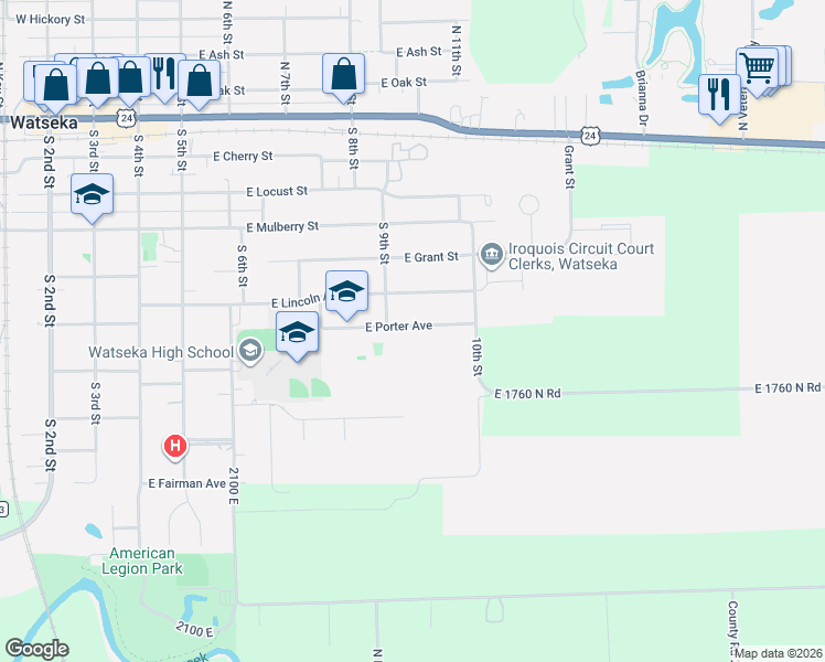 map of restaurants, bars, coffee shops, grocery stores, and more near 609 East Porter Avenue in Watseka