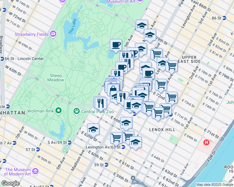 map of restaurants, bars, coffee shops, grocery stores, and more near 833 Madison Avenue in New York