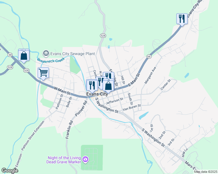 map of restaurants, bars, coffee shops, grocery stores, and more near 321 East Main Street in Evans City