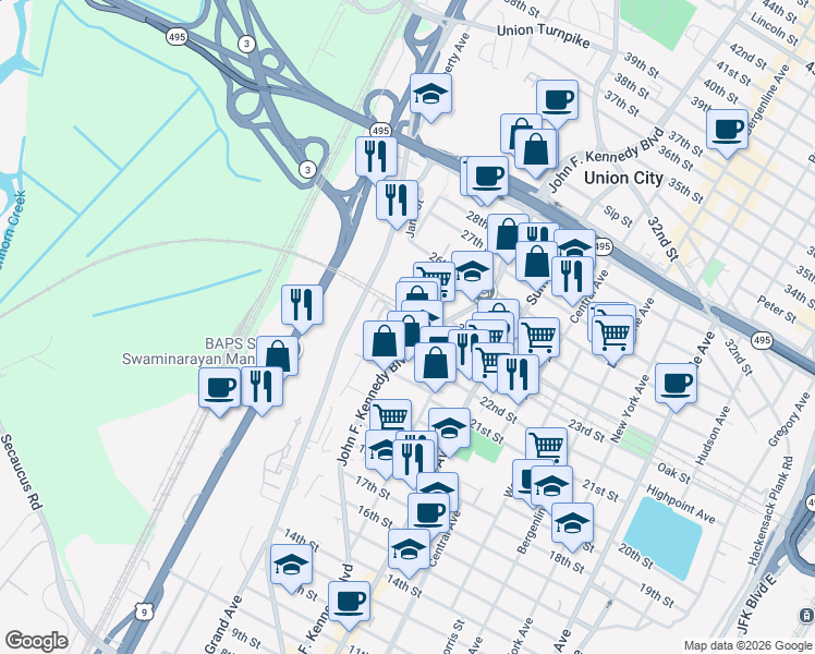 map of restaurants, bars, coffee shops, grocery stores, and more near 2217 Dietz Place in North Bergen