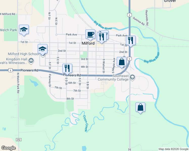 map of restaurants, bars, coffee shops, grocery stores, and more near 519 5th Street in Milford