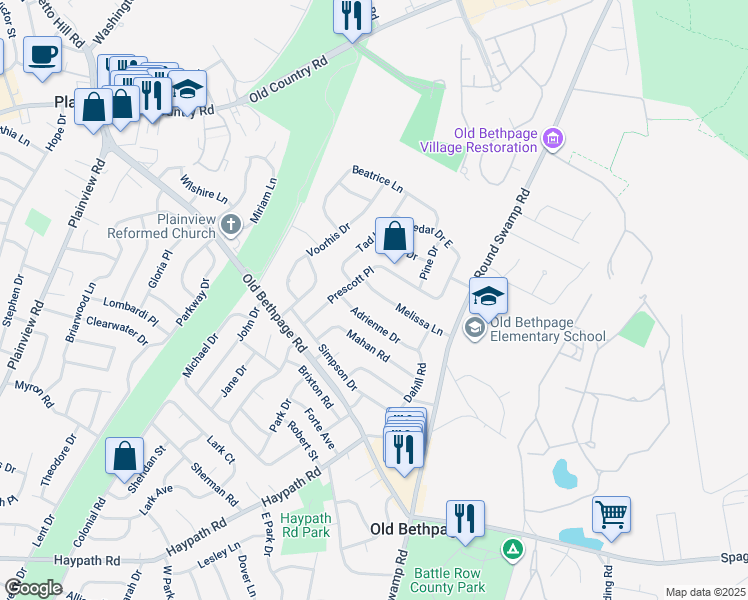 map of restaurants, bars, coffee shops, grocery stores, and more near 23 Melissa Lane in Old Bethpage