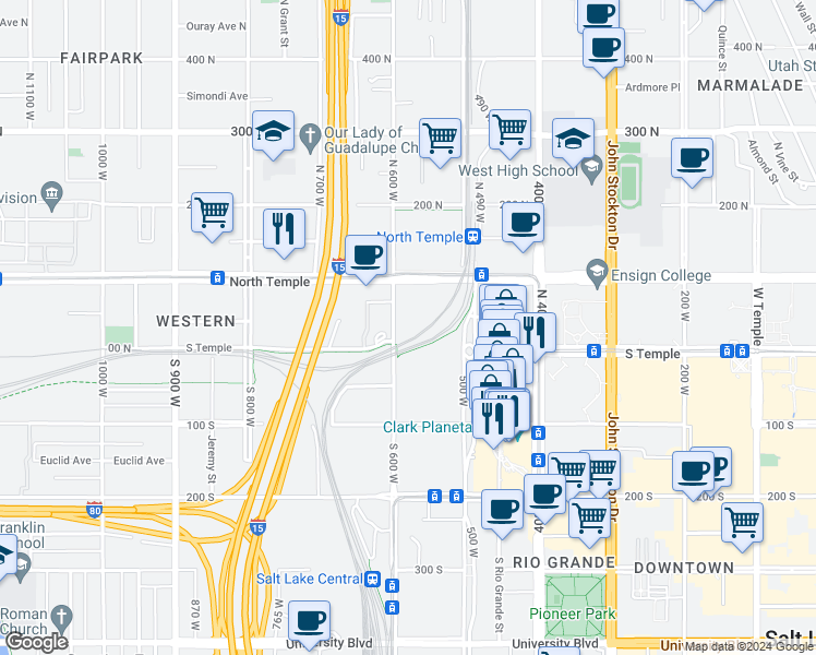 map of restaurants, bars, coffee shops, grocery stores, and more near 24 N 600 W in Salt Lake City