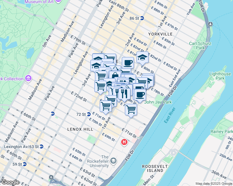 map of restaurants, bars, coffee shops, grocery stores, and more near 335 East 75th Street in New York