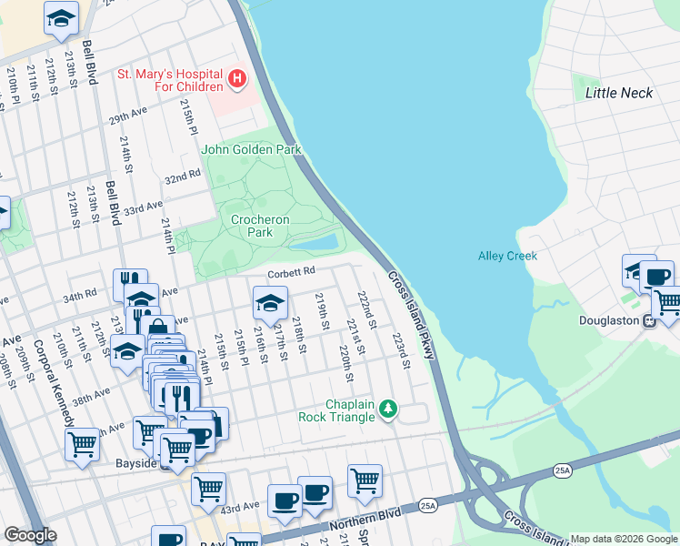 map of restaurants, bars, coffee shops, grocery stores, and more near 221-04 Corbett Road in Queens