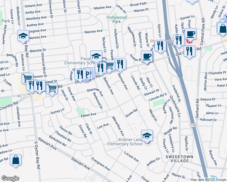 map of restaurants, bars, coffee shops, grocery stores, and more near 68 Belmont Avenue in Plainview