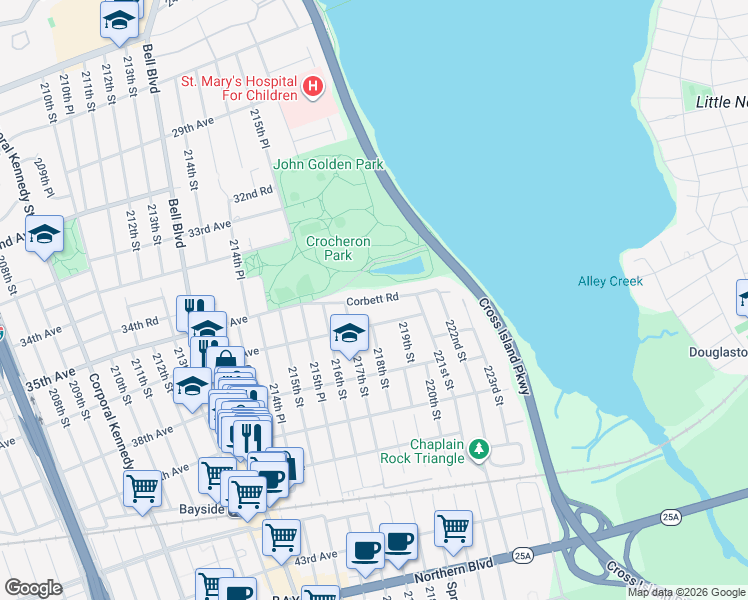 map of restaurants, bars, coffee shops, grocery stores, and more near 217-46 Corbett Road in Queens