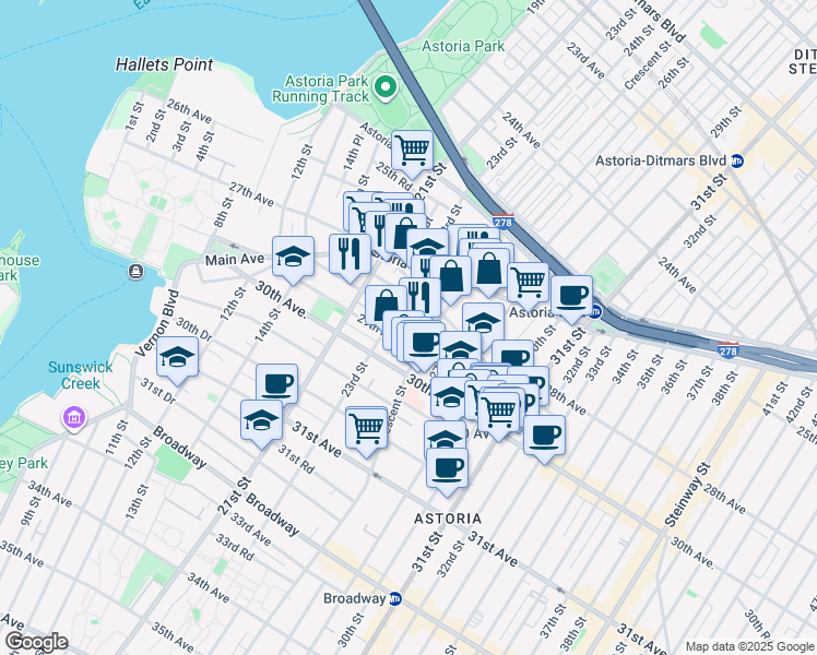 map of restaurants, bars, coffee shops, grocery stores, and more near 2706 Crescent Street in Queens