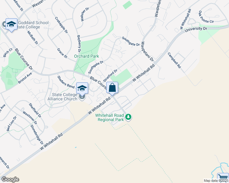 map of restaurants, bars, coffee shops, grocery stores, and more near 1771 Blue Course Drive in State College