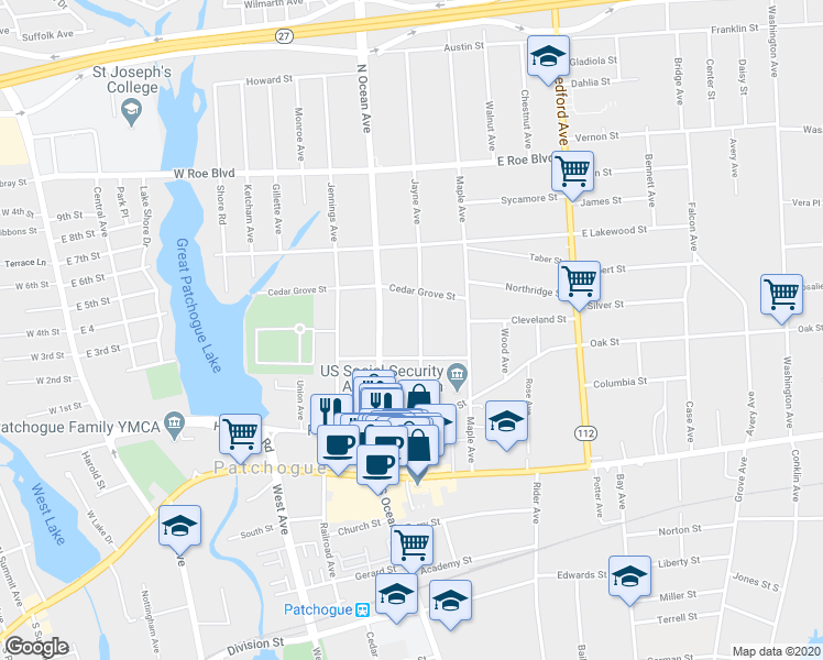 map of restaurants, bars, coffee shops, grocery stores, and more near 80 Jayne Avenue in Patchogue