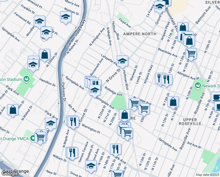 map of restaurants, bars, coffee shops, grocery stores, and more near 174 Rutledge Avenue in East Orange
