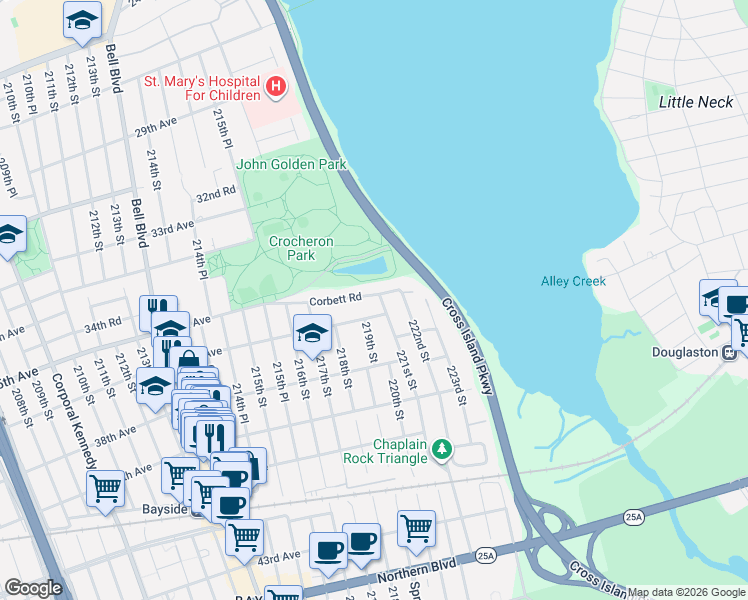 map of restaurants, bars, coffee shops, grocery stores, and more near 221-04 Corbett Road in Queens
