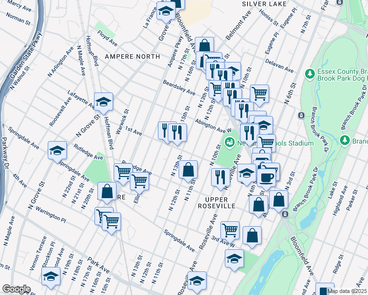 map of restaurants, bars, coffee shops, grocery stores, and more near 411 North 13th Street in Newark
