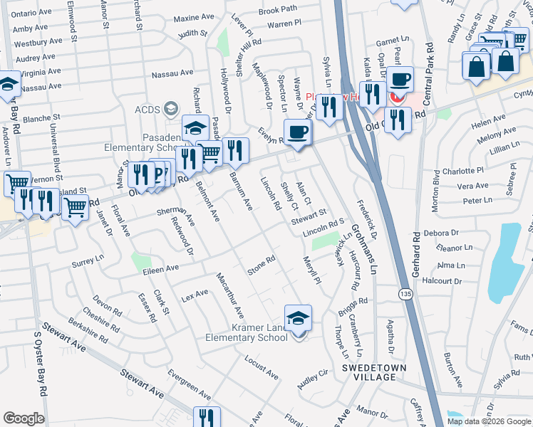 map of restaurants, bars, coffee shops, grocery stores, and more near 54 Barnum Avenue in Plainview