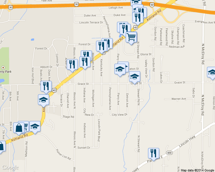 map of restaurants, bars, coffee shops, grocery stores, and more near 976 Grace Street in Mansfield