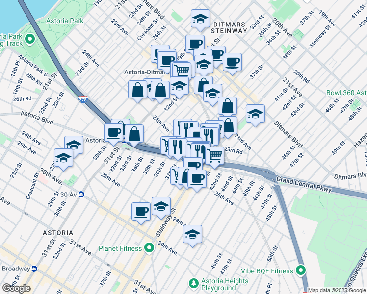 map of restaurants, bars, coffee shops, grocery stores, and more near 36-16 24th Avenue in Queens