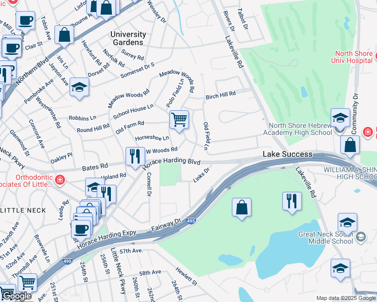 map of restaurants, bars, coffee shops, grocery stores, and more near 18 Fox Hunt Lane in Lake Success