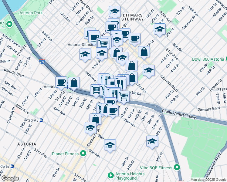 map of restaurants, bars, coffee shops, grocery stores, and more near 23-80 38th Street in Queens