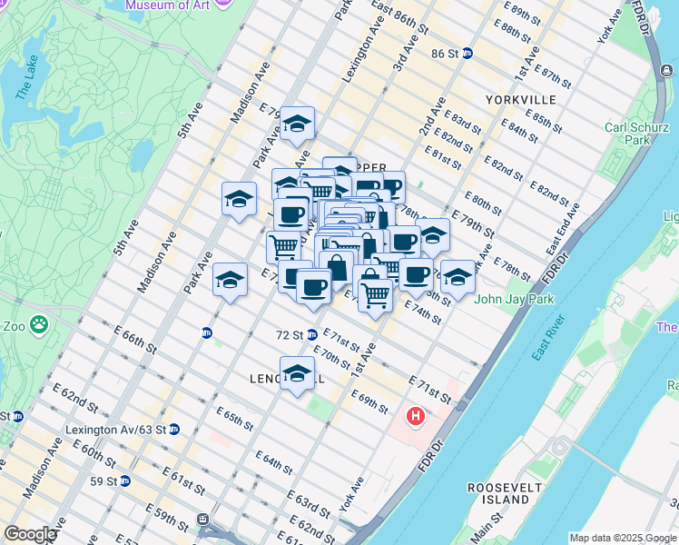 map of restaurants, bars, coffee shops, grocery stores, and more near 1415 2nd Avenue in New York