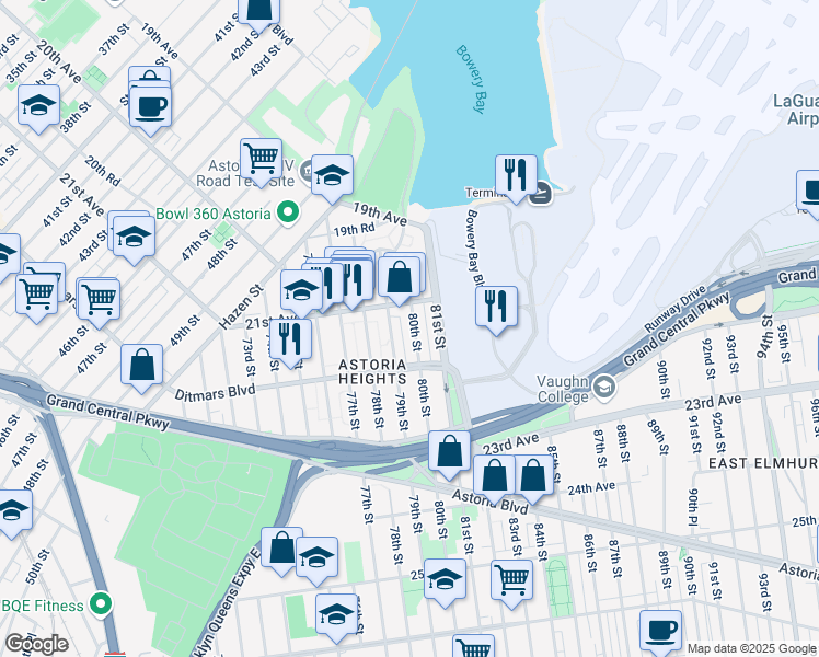 map of restaurants, bars, coffee shops, grocery stores, and more near 79-02 21st Avenue in Queens