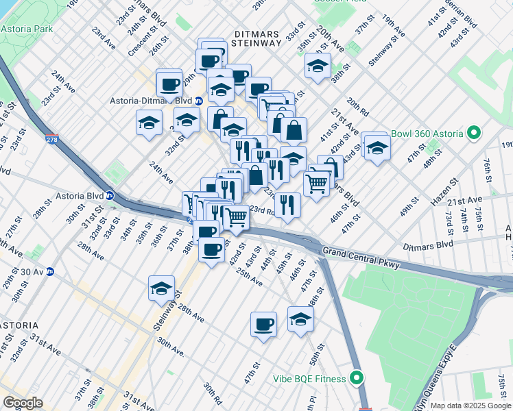 map of restaurants, bars, coffee shops, grocery stores, and more near 23-25 41st Street in Queens