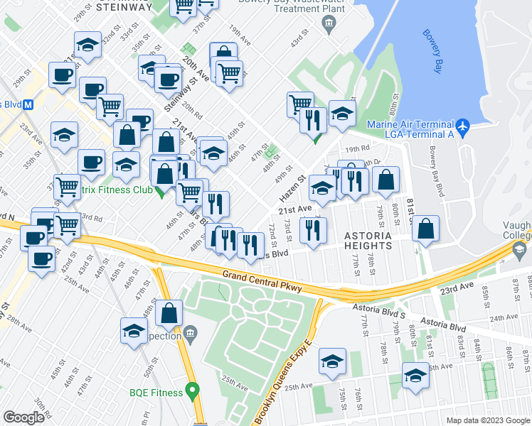 map of restaurants, bars, coffee shops, grocery stores, and more near 49-18 21st Avenue in Queens