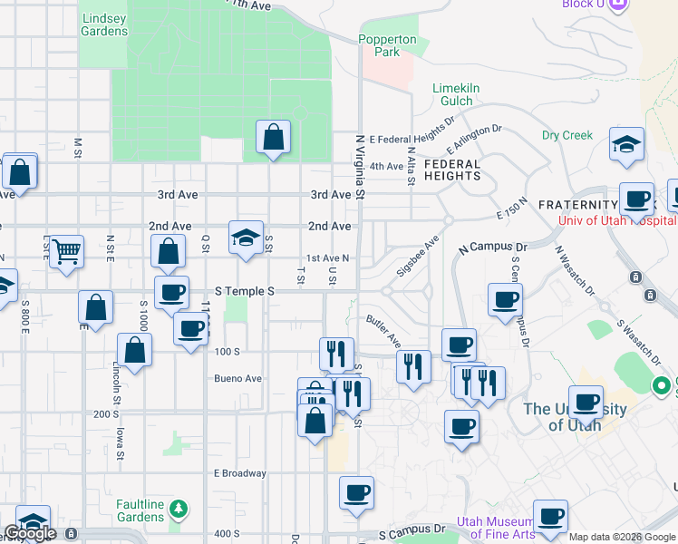 map of restaurants, bars, coffee shops, grocery stores, and more near 24 U Street in Salt Lake City