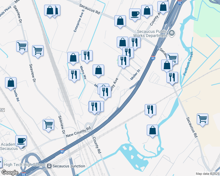 map of restaurants, bars, coffee shops, grocery stores, and more near 1 Blanche Street in Secaucus