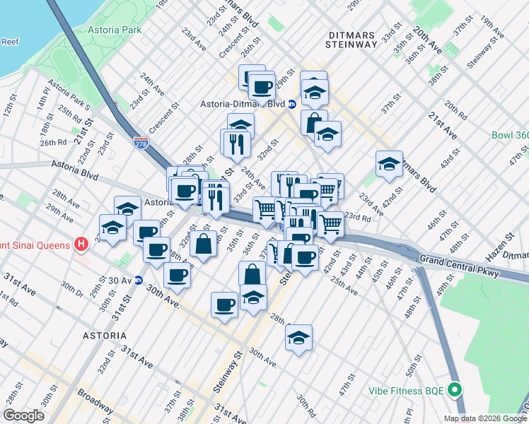 map of restaurants, bars, coffee shops, grocery stores, and more near 2424R 35th Street in Queens