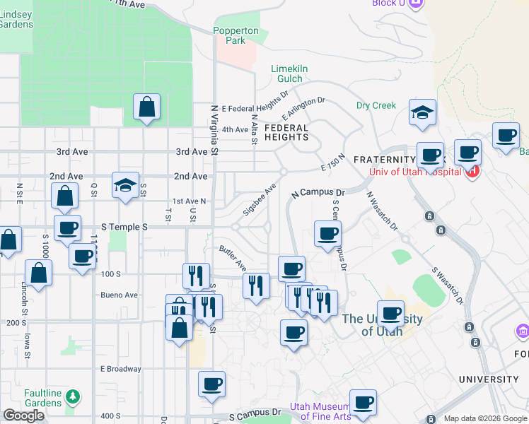 map of restaurants, bars, coffee shops, grocery stores, and more near 29 North Wolcott Street in Salt Lake City