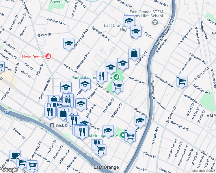 map of restaurants, bars, coffee shops, grocery stores, and more near 458 Park Avenue in East Orange