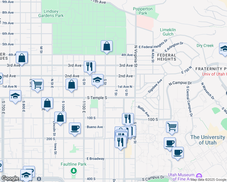 map of restaurants, bars, coffee shops, grocery stores, and more near 25 T Street in Salt Lake City