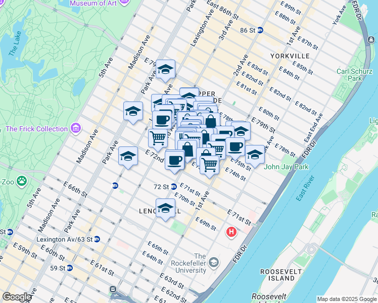 map of restaurants, bars, coffee shops, grocery stores, and more near 1415 2nd Avenue in New York