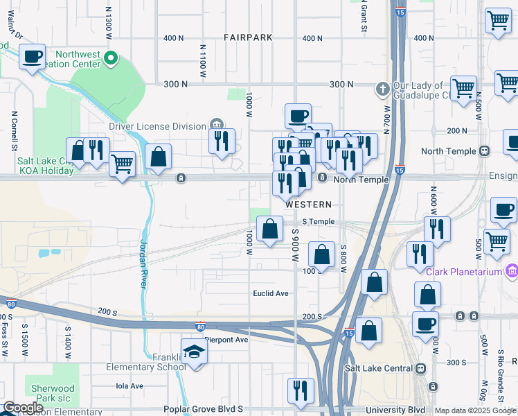 map of restaurants, bars, coffee shops, grocery stores, and more near 28 North 1000 West in Salt Lake City